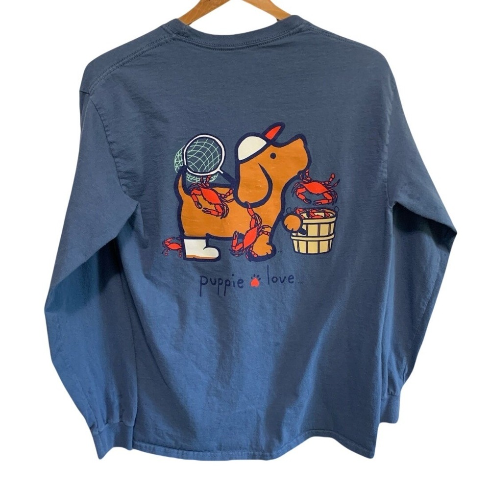 Puppie Love Long Sleeve T-Shirt Mens Medium Blue Dog Crabbing Graphic Tee‎
